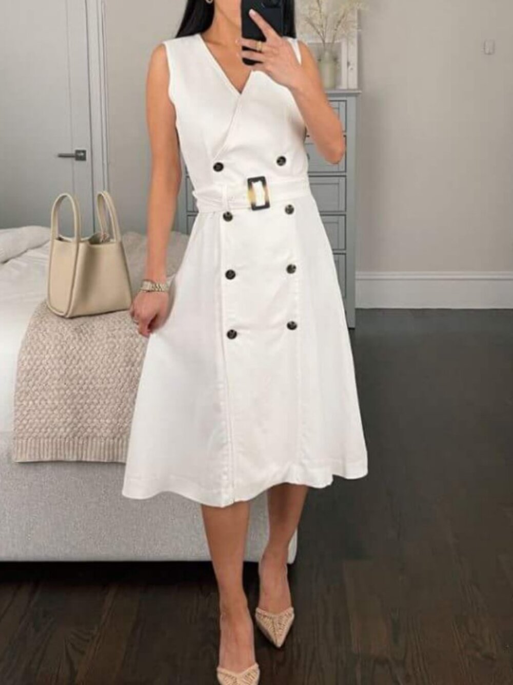 Ann Taylor White Double Breasted Sleeveless Midi Trench Dress Size 0